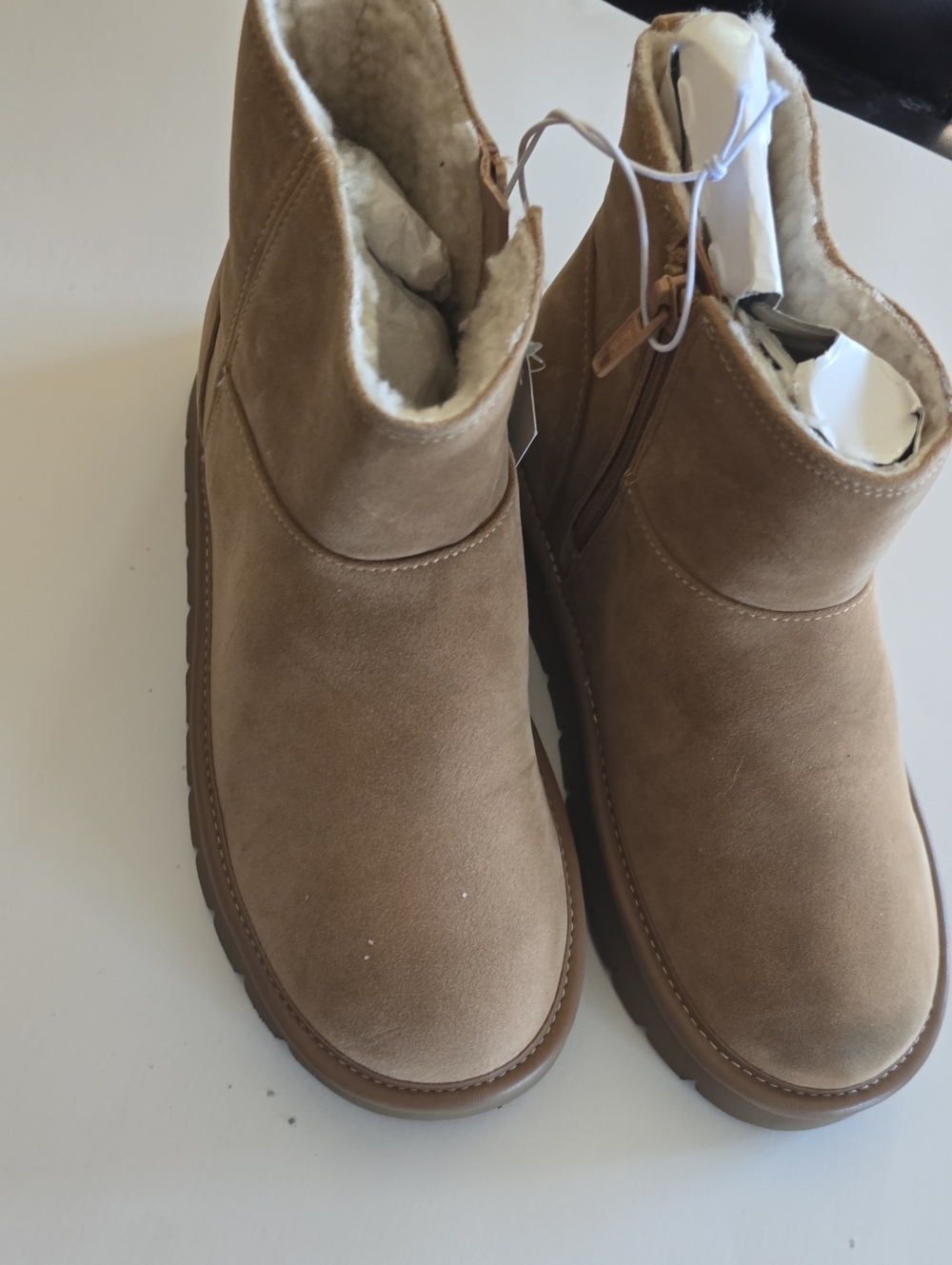 Tan Suede Ankle Boots with Shearling Lining New With Tags Size 6